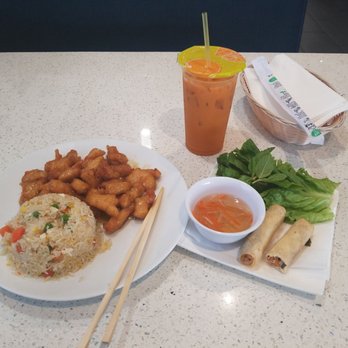 Ocean Pho - Orange chicken with fried rice, veggie egg rolls and Thai tea no boba - Vietnamese Near Me - Redlands, California Ocean Pho - Orange chicken with fried rice, veggie egg rolls and Thai tea no boba - Vietnamese Near Me - Redlands, California