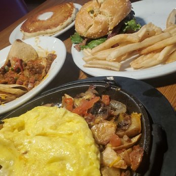 Denny's - Top to bottom: 2 buttermilk pancakes New Jalapeno burger Half order zesty nachos Supreme skillet - Diners Near Me - Cathedral City, California Denny's - Top to bottom: 2 buttermilk pancakes New Jalapeno burger Half order zesty nachos Supreme skillet - Diners Near Me - Cathedral City, California