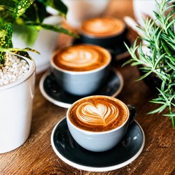 Freshly prepared specialty coffee featuring handcrafted latte art in a warm and inviting café setting...