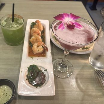 The Olive Restobar - Spicy shrimp, hibiscus martini and cucumber drink. - Mediterranean Near Me - Downey, California