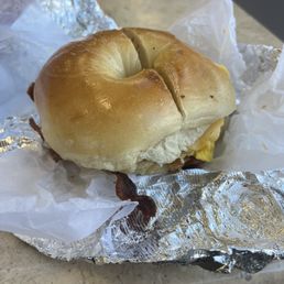 Beacon egg and cheese on a plain bagel