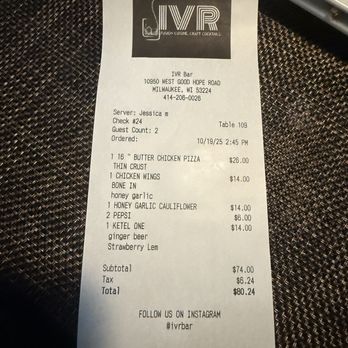 IVR Bar - We ordered 16 inch pizza, two sodas, an alcoholic beverage two appetizers. We cannot complain. It was great. - Bars Near Me - Milwaukee, Wisconsin