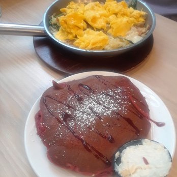 Eggs, Inc. Cafe Restaurant - Under the Tuscan Sun skillet with red velvet pancakes - Breakfast & Brunch Near Me - Chicago, Illinois Eggs, Inc. Cafe Restaurant - Under the Tuscan Sun skillet with red velvet pancakes - Breakfast & Brunch Near Me - Chicago, Illinois
