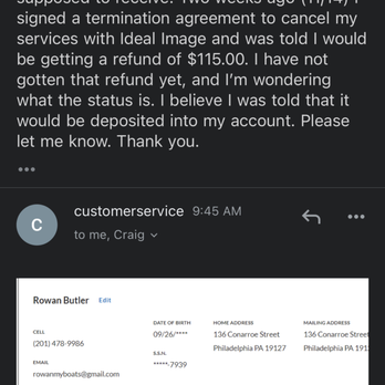 Ideal Image Liberty Place - My email, and the response of the single screenshot with no explanation. - Laser Hair Removal Near Me - Philadelphia, Pennsylvania