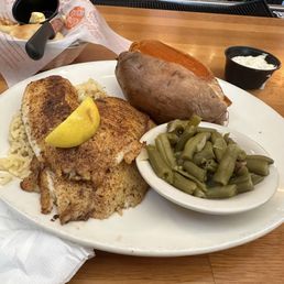 Blackened Tilapia Bacon Green Beans, Baked Sweet Potato