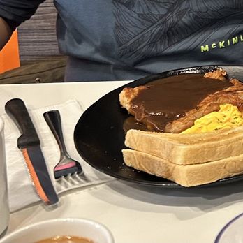 Manna Kitchen - pork chop with gravy, scrambled eggs and toast combo; HK milk tea - Cafes Near Me - Markham, Ontario