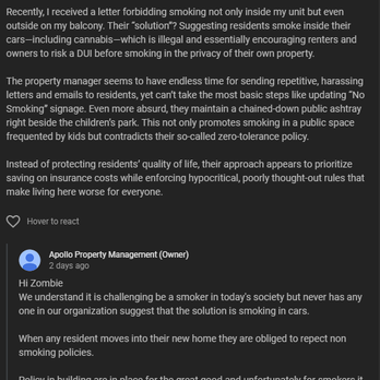 Apollo Property Management - They say I am a liar and people the property is "Smoke Free" But I can't even take my kids to the park. - Property Management Near Me - Ottawa, Ontario Apollo Property Management - They say I am a liar and people the property is "Smoke Free" But I can't even take my kids to the park. - Property Management Near Me - Ottawa, Ontario
