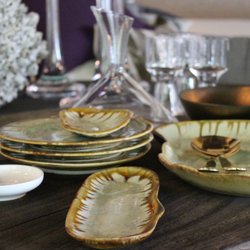 Alison evans ceramics - beautiful glazes, amazing sculptural shapes on wood serving board @ artefacthome