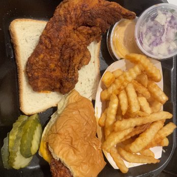Dave's Hot Chicken - Dave's #3 1 Tender & 1 Slider w/ Fries and side of Kale Slaw - Chicken Shop Near Me - Denver, Colorado Dave's Hot Chicken - Dave's #3 1 Tender & 1 Slider w/ Fries and side of Kale Slaw - Chicken Shop Near Me - Denver, Colorado