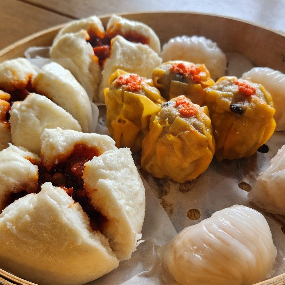Must Be Dumpling - Dim sum sampler plus spicy wonton and crispy veggie roll on separate plate - Chinese Near Me - Pacifica, California Must Be Dumpling - Dim sum sampler plus spicy wonton and crispy veggie roll on separate plate - Chinese Near Me - Pacifica, California