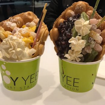 Joy Yee Plus - Hong Kong style egg waffles with assorted flavor of ice cream and toppings. Left side is durian ice cream, while right side is matcha. - Japanese Near Me - Chicago, Illinois Joy Yee Plus - Hong Kong style egg waffles with assorted flavor of ice cream and toppings. Left side is durian ice cream, while right side is matcha. - Japanese Near Me - Chicago, Illinois