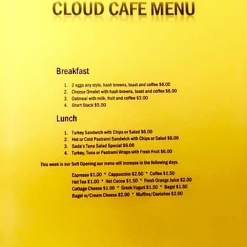 Cloud Cafe - The Cloud Cafe menu actually has really affordable prices and it's simple. Awesome place to chill. - Coffee & Tea Near Me - Lake Forest, California Cloud Cafe - The Cloud Cafe menu actually has really affordable prices and it's simple. Awesome place to chill. - Coffee & Tea Near Me - Lake Forest, California