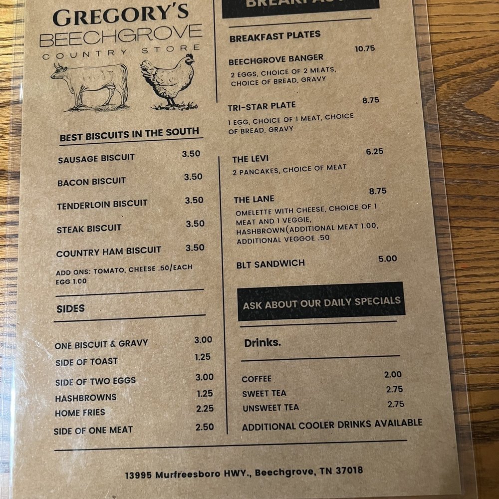 Beechgrove Country Store - Front of Menu - Salad Near Me - Beechgrove, Tennessee