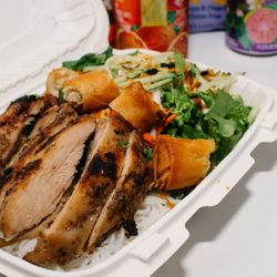 Wailani shave ice and island grindz - Vietnamese vermicelli bowl with grilled meat, fresh greens, and crispy salad rolls.