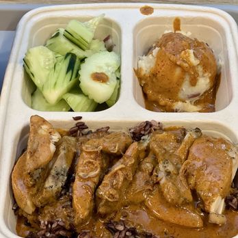 Kati Shop - Cucumber Salad (top left), Mashed Potatoes (top right), Rice Berry & Lemongrass Chicken with Massaman Curry (bottom) - Thai Near Me - New York, New York Kati Shop - Cucumber Salad (top left), Mashed Potatoes (top right), Rice Berry & Lemongrass Chicken with Massaman Curry (bottom) - Thai Near Me - New York, New York