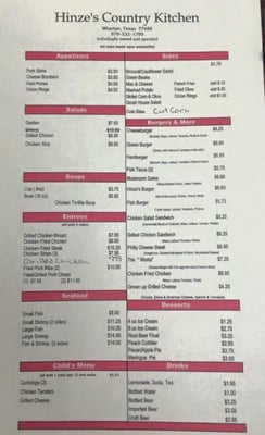 Menu photo 2 Hinze's Country Kitchen Wharton, TX