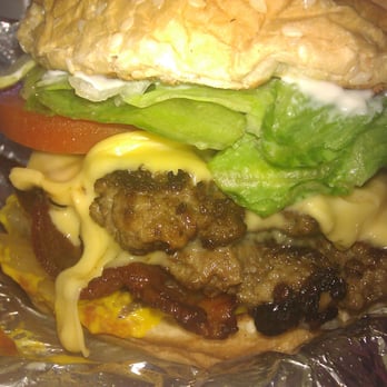 Five Guys - Bacon Cheeseburger with everything black - Burgers Near Me - Fremont, California Five Guys - Bacon Cheeseburger with everything black - Burgers Near Me - Fremont, California