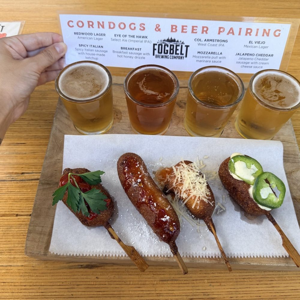 Fogbelt Station - Beer and Corn dog flight - Beer Gardens Near Me - Healdsburg, California Fogbelt Station - Beer and Corn dog flight - Beer Gardens Near Me - Healdsburg, California
