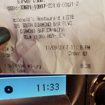 McDonald's - Ordered food at 1118pm, received food at 1133pm...15 min wait! - Fast Food Near Me - Diamond Bar, California McDonald's - Ordered food at 1118pm, received food at 1133pm...15 min wait! - Fast Food Near Me - Diamond Bar, California