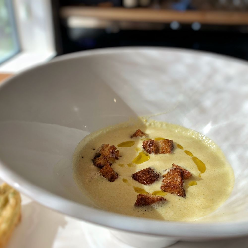 iconiq - CHILLED YELLOW CORN SOUP with miso croutons - French Near Me - Seattle, Washington iconiq - CHILLED YELLOW CORN SOUP with miso croutons - French Near Me - Seattle, Washington