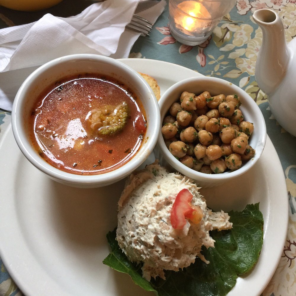 Tea Bar & Bites - Sampler: roasted chickpeas, vegetable soup, albacore tuna salad, and a little cranberry and orange scone tucked away behind the soup. - Mediterranean Near Me - Springfield, Missouri Tea Bar & Bites - Sampler: roasted chickpeas, vegetable soup, albacore tuna salad, and a little cranberry and orange scone tucked away behind the soup. - Mediterranean Near Me - Springfield, Missouri