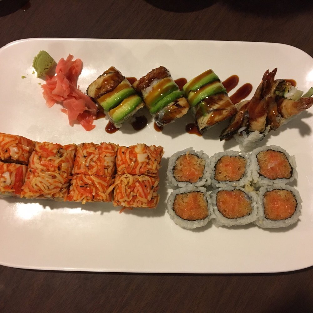 Maluken & Sushi Express - On top: dragon maki, Lower right: spicy salmon maki, lower left: fujisan maki. - Sushi Bars Near Me - Brookline, Massachusetts Maluken & Sushi Express - On top: dragon maki, Lower right: spicy salmon maki, lower left: fujisan maki. - Sushi Bars Near Me - Brookline, Massachusetts