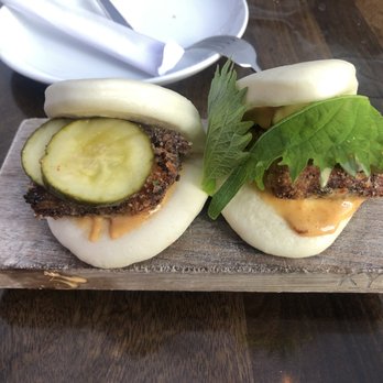 Kyu - PORK BELLY, steamed bun (2pc.): pork belly was slightly over cooked but it came out HOT just how it should be! - Asian Fusion Near Me - Miami, Florida