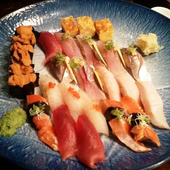 Ryoko's - Nigiri omakase platter. Tamago, big eye maguro, aji, sockeye salmon, hirame konbu jime, uni - Sushi Bars Near Me - San Francisco, California