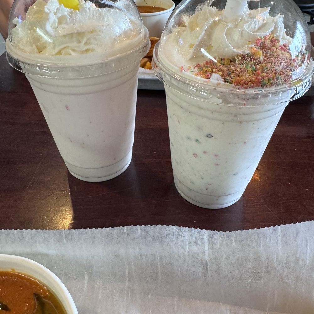 Royale with Cheese - Strawberry Nesquick shake (left) & Fruity Pebbles shake (right) - Burgers Near Me - Detroit, Michigan Royale with Cheese - Strawberry Nesquick shake (left) & Fruity Pebbles shake (right) - Burgers Near Me - Detroit, Michigan