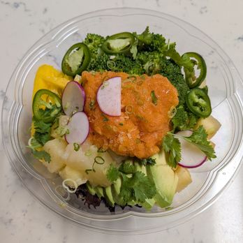 Mikawa Japanese Fusion - Spicy salmon, sushi rice, spring mix, broccoli, radish, jalapeno, scallions, cilantro, avocado, mango, pineapple, and apple (delivery) - Japanese Near Me - Brooklyn, New York Mikawa Japanese Fusion - Spicy salmon, sushi rice, spring mix, broccoli, radish, jalapeno, scallions, cilantro, avocado, mango, pineapple, and apple (delivery) - Japanese Near Me - Brooklyn, New York