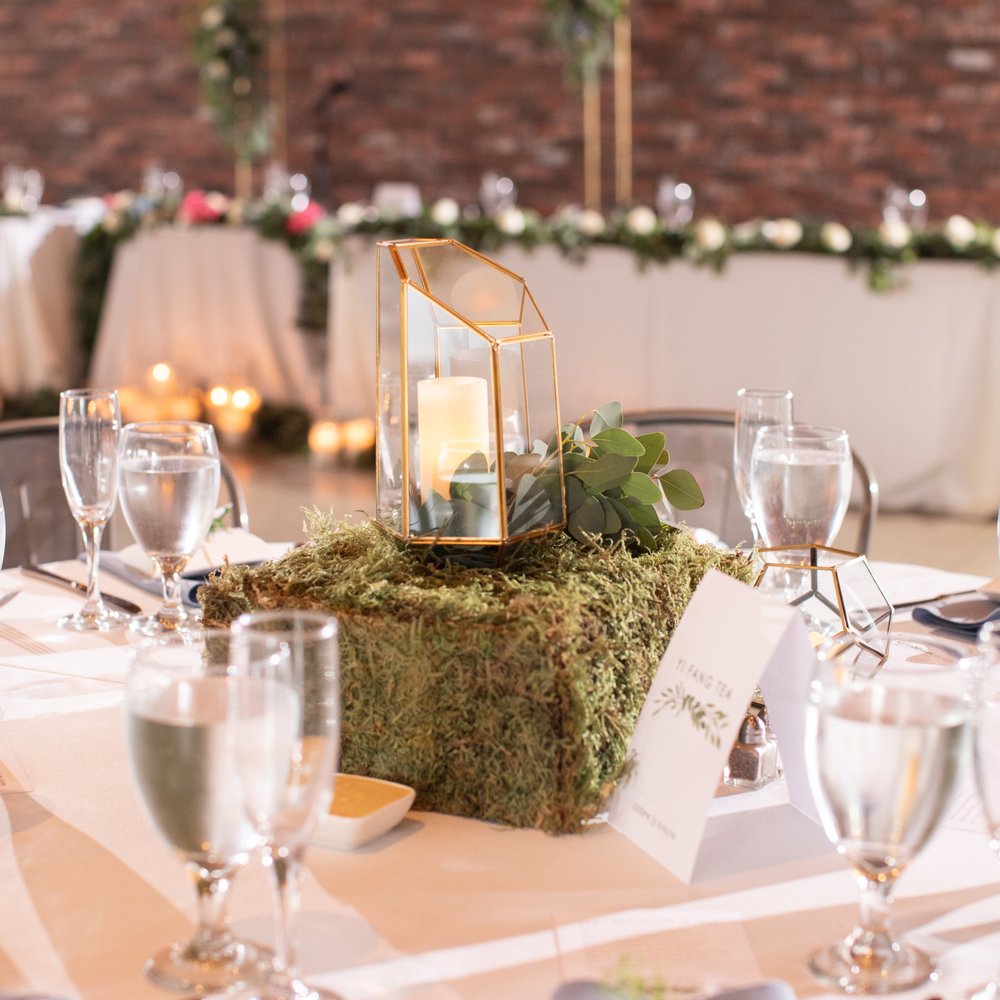 B-Spoke Events - Lowkey, green and gold frame centerpieces that I imagined, turned into reality. Courtesy of Andy Seo Photography - Party & Event Planning Near Me