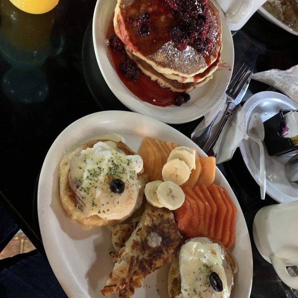 Mora pancakes and eggs Benedict