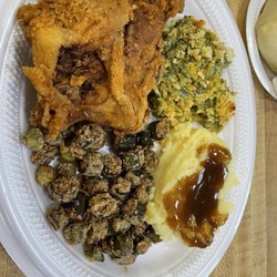 Dairy Dream - Broasted chicken , broccoli casserole, fried okra, mashed potatoes and gravy.