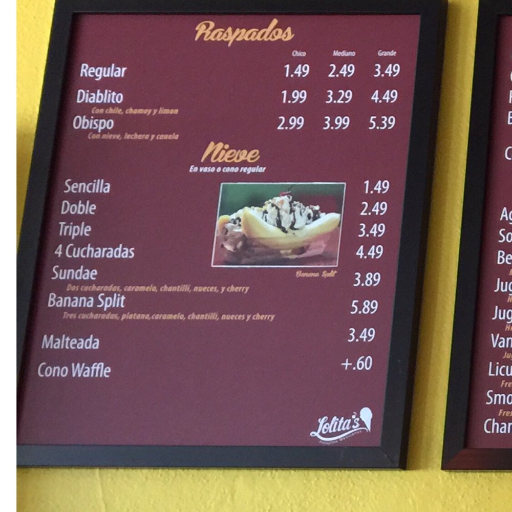 Lolita's Ice Cream - Menu board 3 - Ice Cream & Frozen Yogurt Near Me - Soledad, California Lolita's Ice Cream - Menu board 3 - Ice Cream & Frozen Yogurt Near Me - Soledad, California