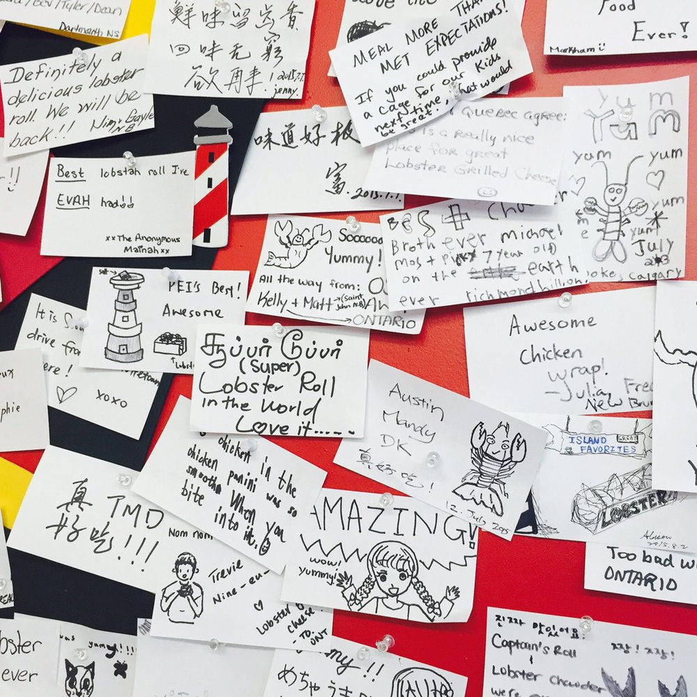 Island Favorites - a bunch of notes on a bulletin board - Seafood Near Me - Cavendish, Prince Edward Island Island Favorites - a bunch of notes on a bulletin board - Seafood Near Me - Cavendish, Prince Edward Island