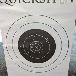 Quickshot Shooting Range - Charleston - My target today. Walther PPK-- I started high & to the left, then over corrected. Costs:  $2 target & $16 for the range.