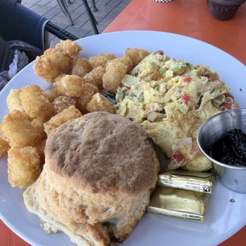Wilma & Frieda's Cafe - Split 3 egg omelette with biscuit and tater tots - Comfort Food Near Me - Palm Desert, California Wilma & Frieda's Cafe - Split 3 egg omelette with biscuit and tater tots - Comfort Food Near Me - Palm Desert, California