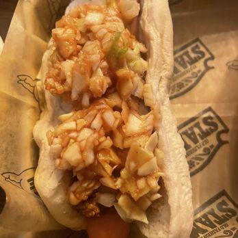 Stamey's Barbecue - My hot dog with relish - Barbeque Near Me - Greensboro, North Carolina