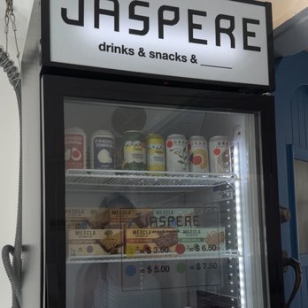 Jasper Coffee - Refrigerator with drinks & snacks for sale: kombucha, sparkling drinks, waters, granola bars - Coffee & Tea Near Me - Newport Beach, California Jasper Coffee - Refrigerator with drinks & snacks for sale: kombucha, sparkling drinks, waters, granola bars - Coffee & Tea Near Me - Newport Beach, California