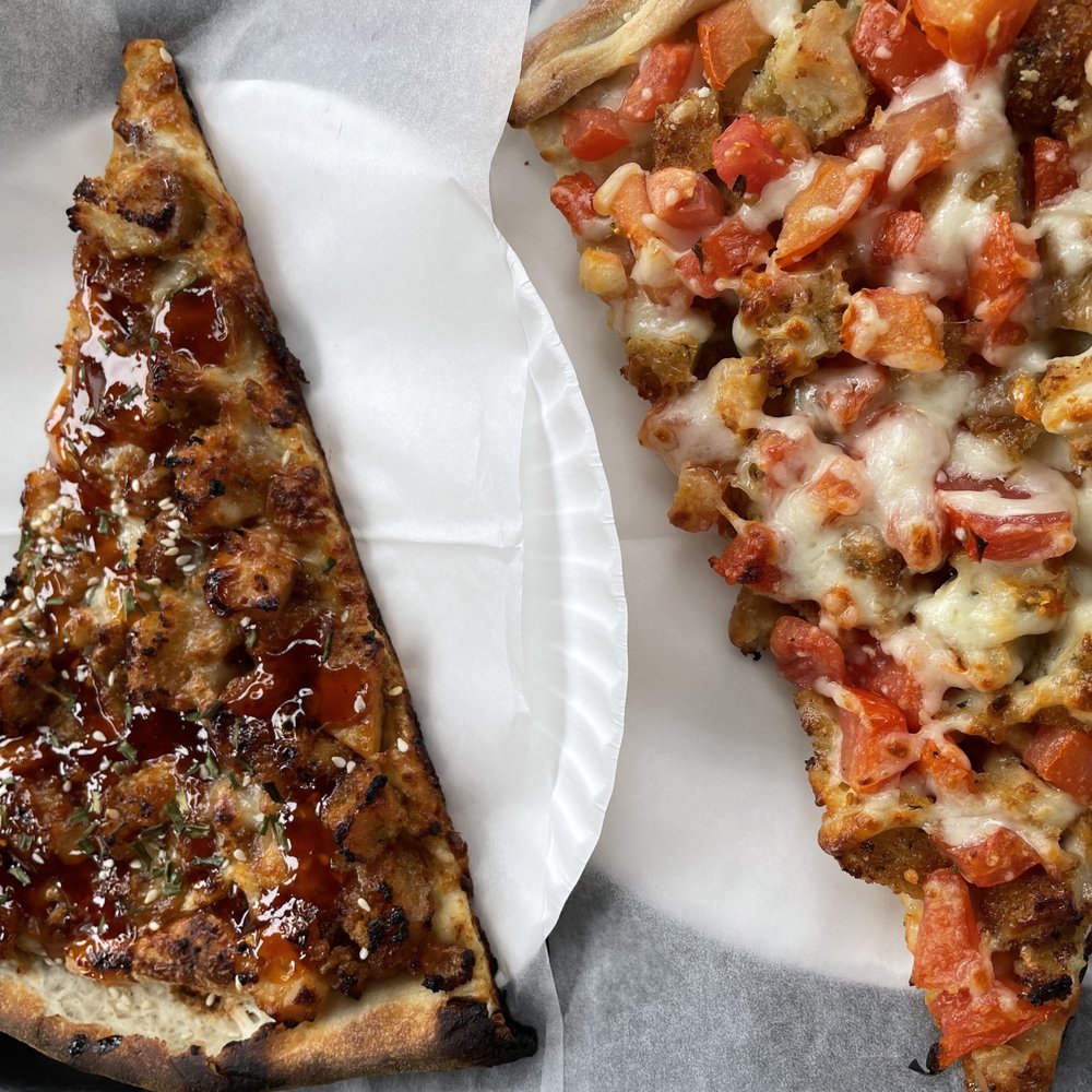 Pizzeria G - Sesame Chicken slice (left) and a Chicken Bruschetta slice (right) - Pizza Near Me - Garden City, New York Pizzeria G - Sesame Chicken slice (left) and a Chicken Bruschetta slice (right) - Pizza Near Me - Garden City, New York