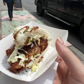 Chopsticks+Forks - Katsu chicken with egg salad on a bao bun - Food Tours Near Me
