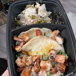 Cabo Fish Taco - Ballantyne - Honey Soy Glazed Salmon Tacos with Guacamole Pasta Salad