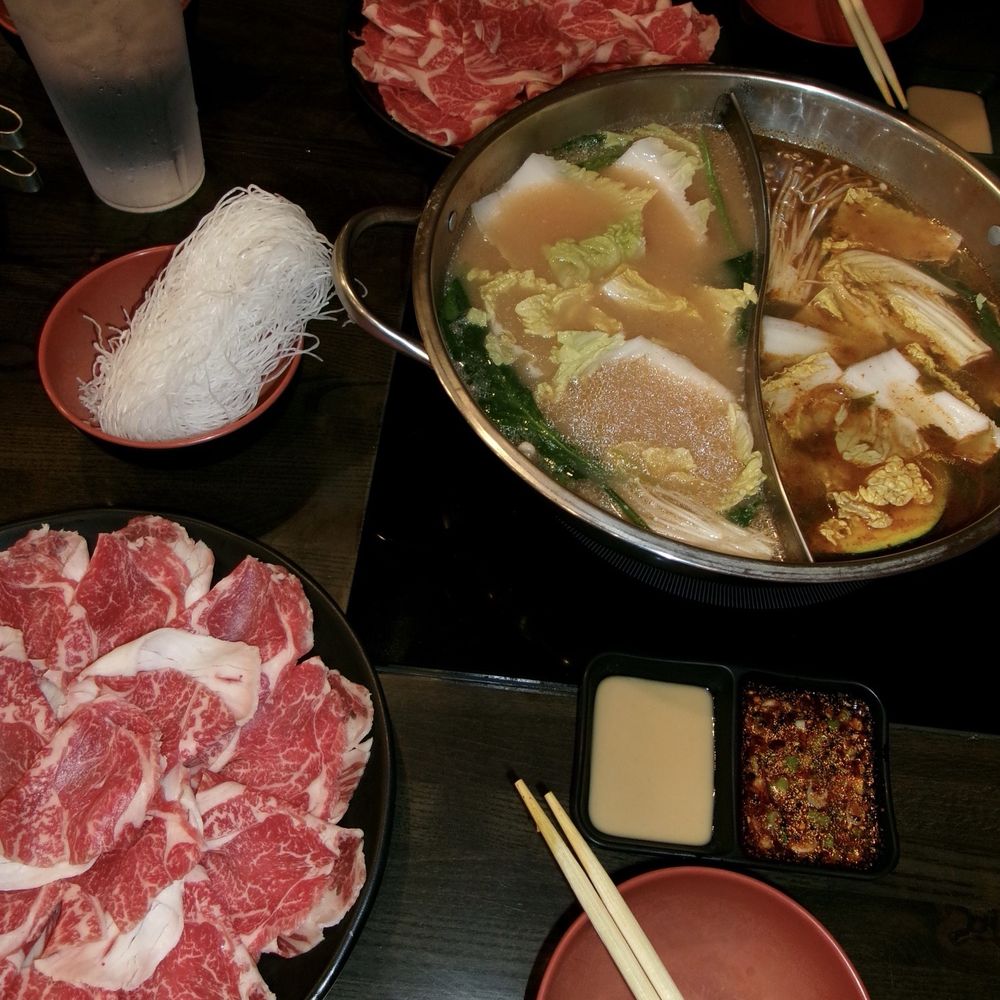 Shabu Shack - american wagyu | left broth: tonkotsu , right broth: tom yum - Japanese Near Me - Elk Grove, California
