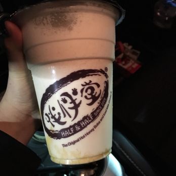 Half & Half Tea Express - Iced milk with caramel boba and pudding . This size is a regular so imagine the large.. must be huge - Juice Bars & Smoothies Near Me - Monterey Park, California