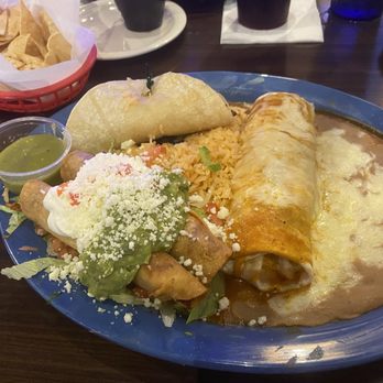 Blue Cactus Cantina - Trio. Chicken flautas, steak Street taco and shredded beef burrito. - Mexican Near Me - Commerce Charter Township, Michigan