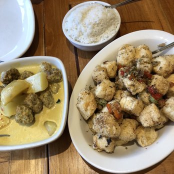 Padmanadi Vegetarian Restaurant - Left: Mutton Curry Coconut rice and lemongrass tofu - Vegetarian Near Me - Edmonton, Alberta Padmanadi Vegetarian Restaurant - Left: Mutton Curry Coconut rice and lemongrass tofu - Vegetarian Near Me - Edmonton, Alberta