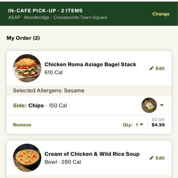 Panera Bread - My order of Chicken Roma Asiago Bagel Stack, with selected allergy: sesame Cream of chicken & Wild Rice Soup, With selected allergy: sesame - Sandwiches Near Me - East Brunswick, New Jersey