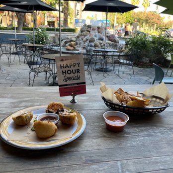 Kimchichanga - Happy hour Mushroom poppers and chips and salsa on the patio - Korean Near Me - Riverside, California