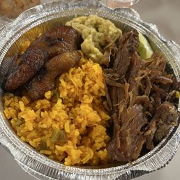 Yellow rice, pernil, maduro Yellow rice, pernil, maduro