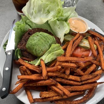 The Hideout - Vegan burger lettuce wrapped with sweet potato fries! Omg! - Cocktail Bars Near Me - Aptos, California The Hideout - Vegan burger lettuce wrapped with sweet potato fries! Omg! - Cocktail Bars Near Me - Aptos, California